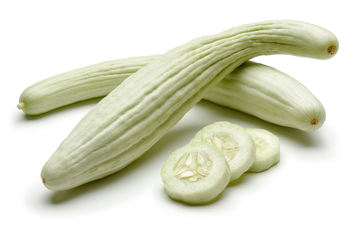 White Armenian cucumber seeds, Metki Serpent Melon variety, shown in a close-up image of the SeedsNow packaging.